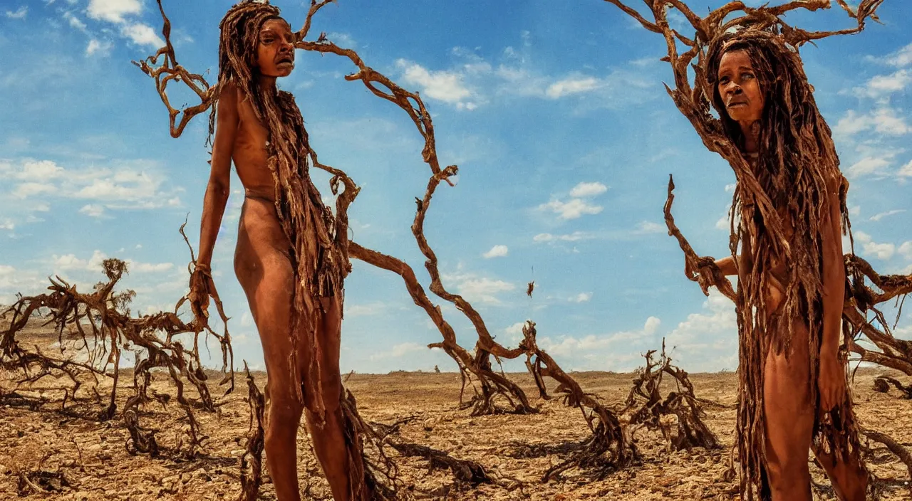 Prompt: full shot of a crying ancient dried up Oshun, peaceful, facing the camera and standing in front of a dried up river in a desolate land, dead trees, blue sky, hot and sunny, highly-detailed, elegant, dramatic lighting, artstation, 4k, cinematic landscape, photograph by Elisabeth Gadd