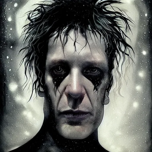 Image similar to stunning portrait of gaunt neil gaiman a ( the cure fan ) as dream from sandman, dim stars as eyes, by jeremy mann, by cedric peyravernay, by by russ mills, by richard avedon and ben templesmith, dramatic lightning, sadness, dark eye sockets, in the shadows, punk rock, gothic, high detailed, 8 k