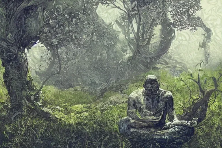 Prompt: a man meditating under a tree by android jones,