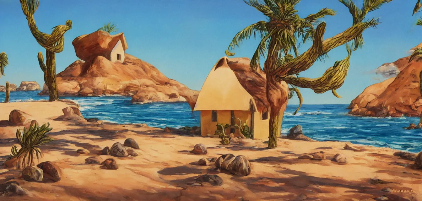 Image similar to a baja california desert by the sea, a seashell shaped house, background painting by maurice noble, looney tunes