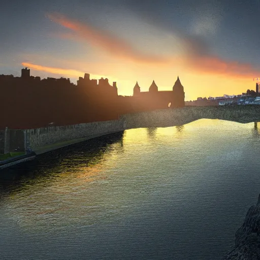 Image similar to fish shoal swimming above Edinburgh Castle, sunset, concept art in style of Greg Rutkowki, dynamic lighting, 4k, very highly detailed