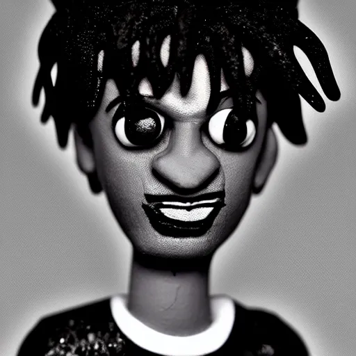 Image similar to a cartoon claymation medium close up sculpture of Playboi Carti, in the style of Tim Burton, black and white, high contrast