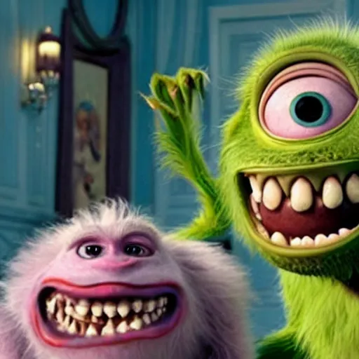 Prompt: Joe Biden is a happy monster with huge teeth in the movie Monsters Inc::several people are watching him laughing