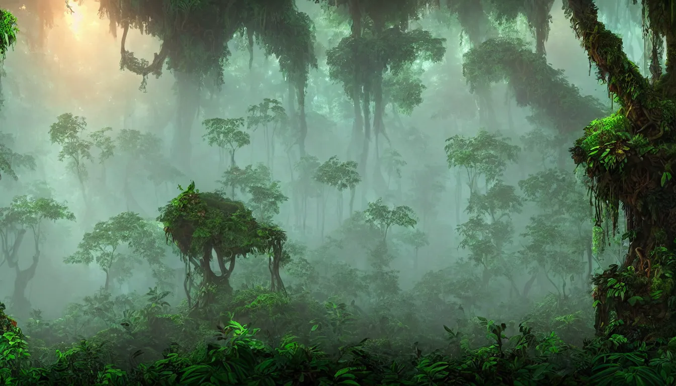 Image similar to deep jungle forest realm biodiversity , side-scrolling 2d platformer game level, swirling clouds of magical mist through the trees, small chunks of forest soil floating like islands between the tree trunks, dramatic dusk sun illuminates areas , volumetric light , detailed entangled roots carpet the forest floor, rich color , upscale , 8k