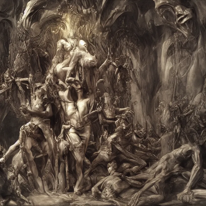 Prompt: still frame from Prometheus movie, Slaanesh succubus godess on a live bone throne by wayne barlowe by caravaggio by giger by malczewski, avantgarde 4k wallpaper