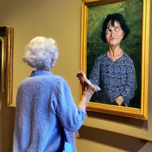 Image similar to old woman staring at a painting of her younger self