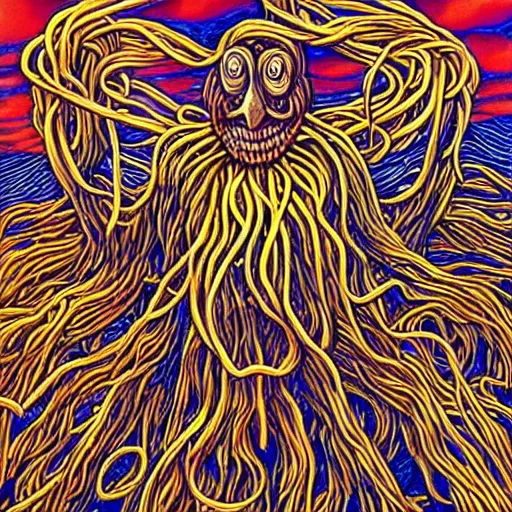 Image similar to flying spaghetti monster, by alex gray, touched by his noodly appendage