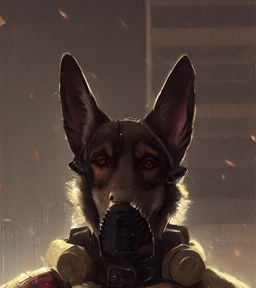 Image similar to new york city portrait of furry anthro anthropomorphic german shepard head animal person fursona wearing clothes strange cybernetic muzzle gloomy rainy cyberpunk digital art by Greg Rutkowski, Simon Stalenhag, trending on Artstation, CGSociety