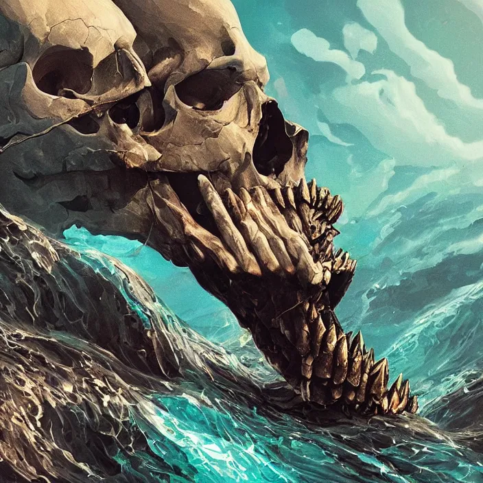 Image similar to a skull emerging from the ocean, intricate abstract. sharp teeth. delicate artwork. by tooth wu, wlop, beeple, dan mumford. octane render, trending on artstation, greg rutkowski very coherent symmetrical artwork. cinematic, hyper realism, high detail, octane render, 8 k, depth of field, bokeh. chrome accents.