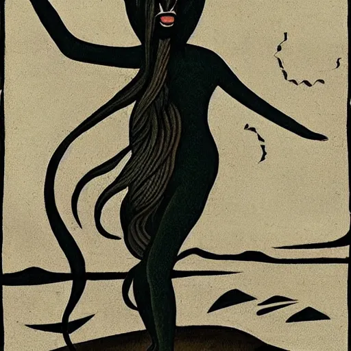 Image similar to A beautiful computer art of a human-like creature with long, stringy hair. The figure has no eyes, only a mouth with long, sharp teeth. The creature is standing on a cliff overlooking a dark, foreboding sea. by Alexander Archipenko composed, imposing