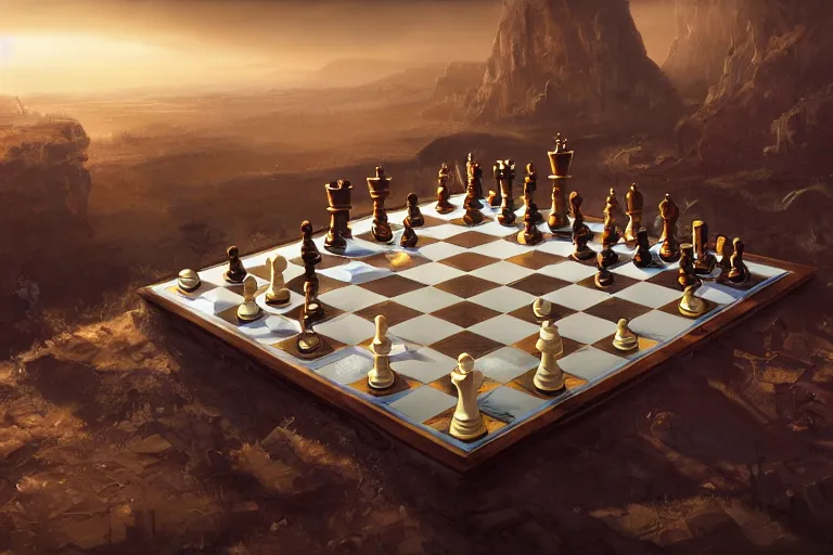 Prompt: a chess board where the pieces are lost souls, matte painting, long shot, concept art, wide shot, digital art, trending on artstation, 4 k, extremely detailed, realistic, midday, warm colors, golden sunlight, by greg rutkowski, cinematic, epic