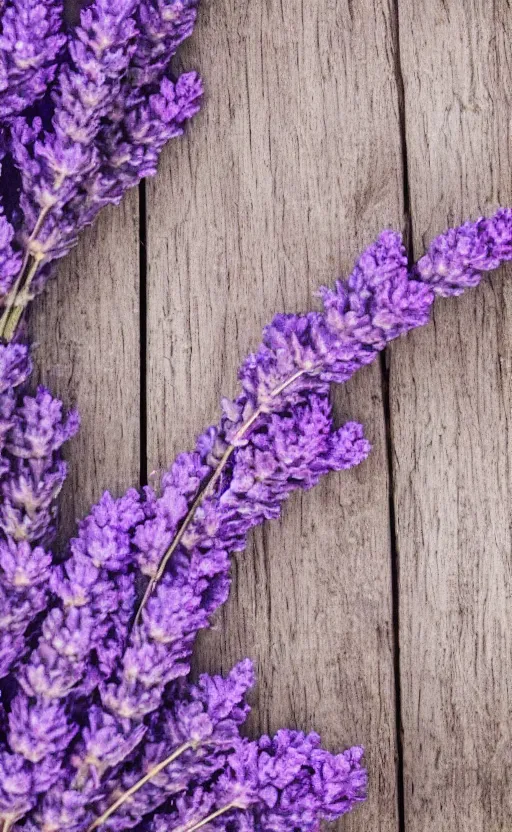 Prompt: soft purple lavender flowers on pale vertical rustic boards, background, backdrop