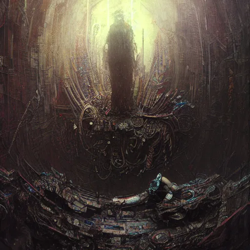 Image similar to cyberpunk dreaming by gustave dore and gustave moreau and beksinski and giger and craig mullins and jeremy mann