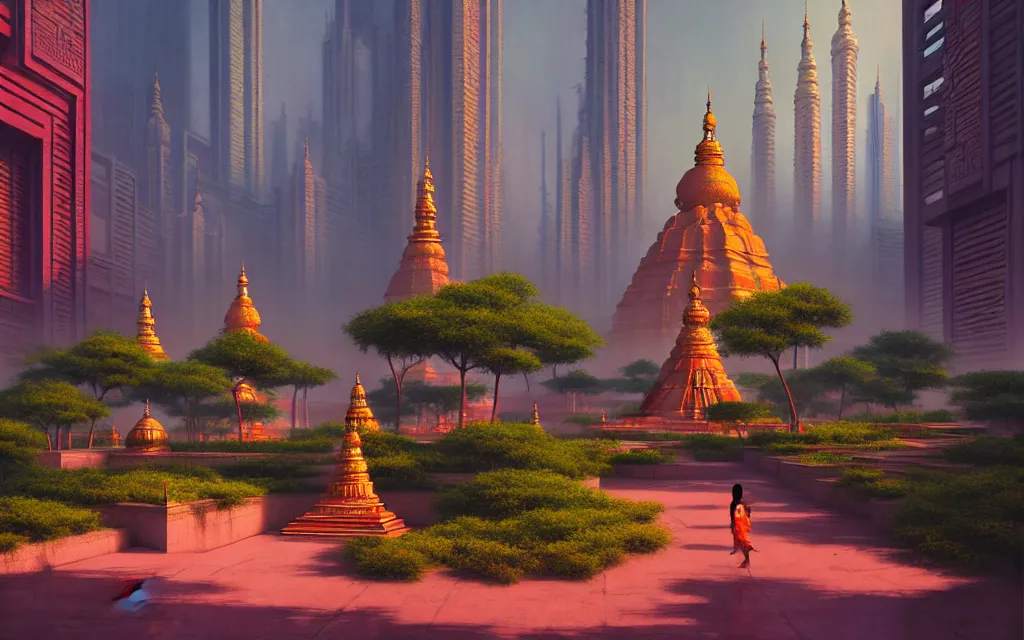 Image similar to cyberpunk indian temple, no people, city in background, drawn by feng zhu, sparse plants, dim painterly lighting volumetric aquatics, impasto