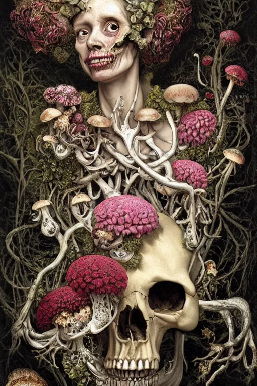 Image similar to a beautiful detailed rococo of a rotten woman corpse becoming almost a skull with face muscles, veins, arteries, fractal plants and fractal flowers and mushrooms growing around, intricate, ornate, surreal, ray caesar, john constable, guy denning, dan hillier