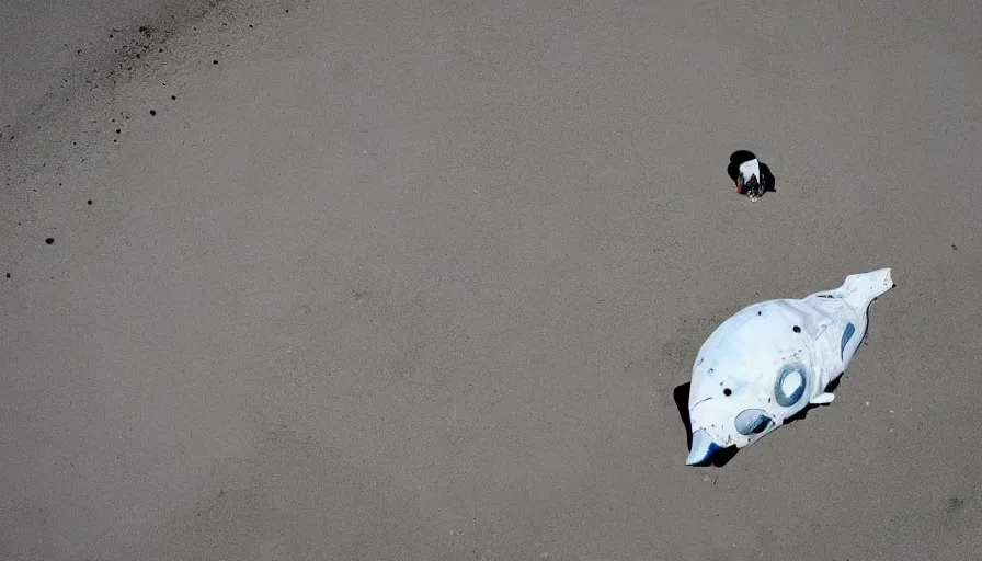 Image similar to astronaut suit in the shape of a whale, washed up on the beach. cnn news footage taken from above.