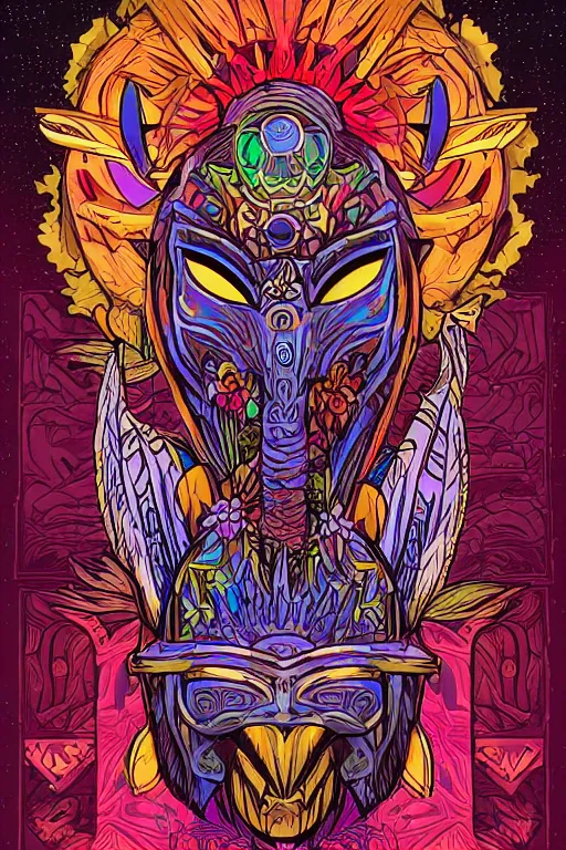 Image similar to animal mask totem roots flower tribal feather gemstone plant wood rock shaman vodoo video game vector cutout illustration vivid multicolor borderlands comics by josan gonzales and dan mumford radiating a glowing aura