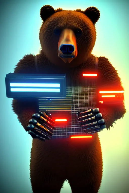 Prompt: high quality 3 d render cyborg bear! plays a cyberpun guitar, cyberpunk highly detailed, unreal engine cinematic smooth, in the style of blade runner, hannah yata charlie immer, moody light, low angle, uhd 8 k, sharp focus