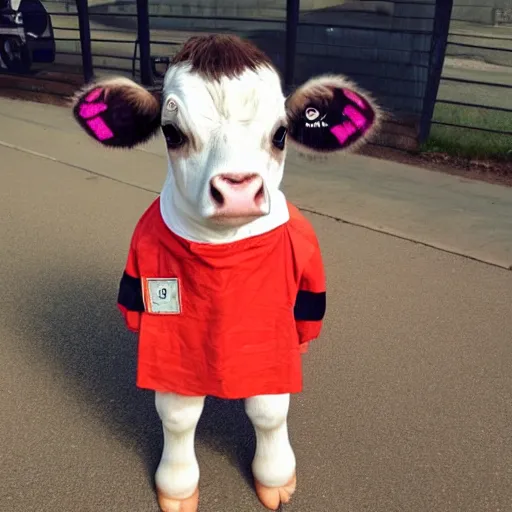 Image similar to mugshot of a cute sad calf dressed as an inmate