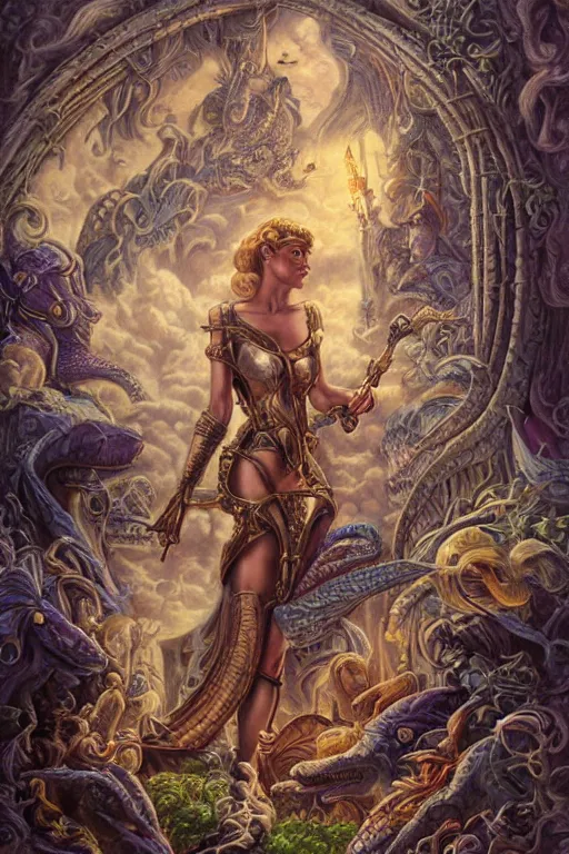 Image similar to Mystical Valkyrie, Portrait of a beautiful female Atlantean Reptilian Warrior, Realistic, Regal, Refined, Detailed Digital Art, Michael Cheval, Walt Disney (1937), François Boucher, Oil Painting, Steampunk, Highly Detailed, Cinematic Lighting, Unreal Engine, 8k, HD