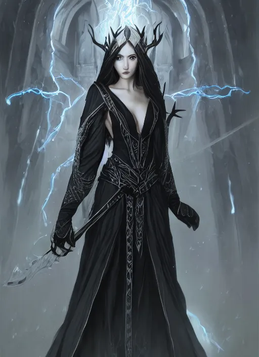 Image similar to A concept art of a beautiful elven female mage in black and gray intricate robe, illusion magic, white and black hair. In style of Hyung-tae Kim, Greg Rutkowski and Larry Elmore, concept art, trending on ArtStation, Korean MMORPG, over-detailed art, 8K, epic, dynamic lightning, dynamic pose, half body portrait.