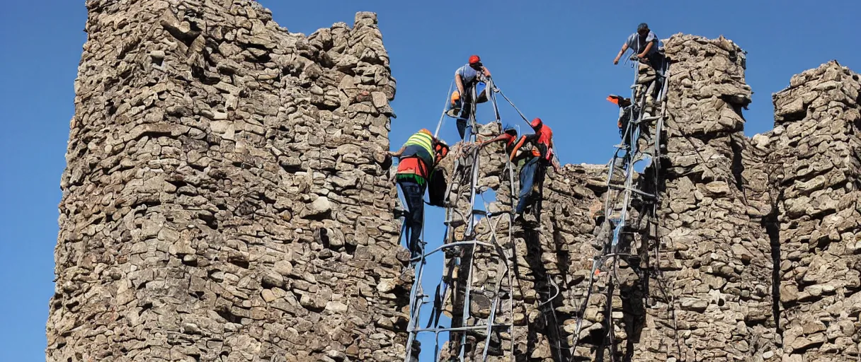 Prompt: giants constructing a really high tower made of stone