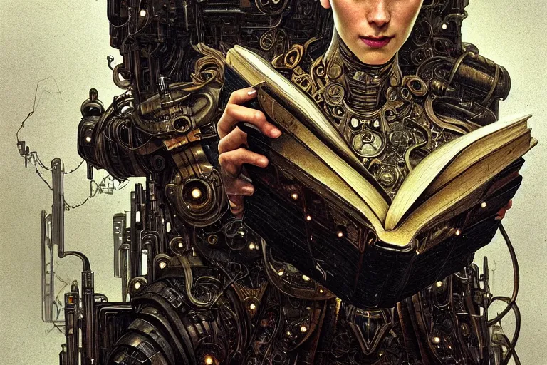 Image similar to a portrait of a cyborg reading from an old book with a leather cover, fantasy, sci-fi, intricate, elegant, dramatic lighting, highly detailed, lifelike, photorealistic, digital painting, artstation, concept art, smooth, sharp focus, illustration, art by John Blanche and Paul Dainton and Darren Tan and Pierre Loyvet and Alphonse Mucha