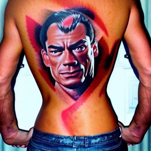 Image similar to a hyper realistic tattoo of Jean Claude van damme on a woman’s back