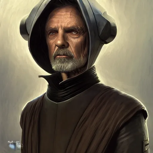 Image similar to star wars comic book style portrait painting of an old thin wispy man with a mean intelligent face, and futuristic victorian clothing, standing in front of a computer simulation, sci - fi, intricate, elegant, highly detailed, digital painting, artstation, concept art, matte, sharp focus, illustration, art by artgerm and greg rutkowski and jim burns