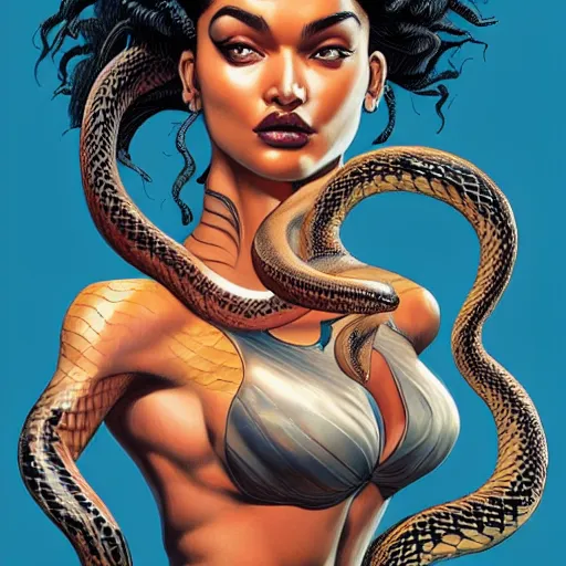 Image similar to Shanina Shaik as Medusa, snakes for hair, highly detailed, digital painting, artstation, concept art, smooth, sharp focus, illustration, art by Chris Achilleos and artgerm, in the style of Medusa (1988) by Chris Achilleos.