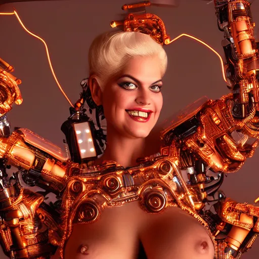 Prompt: beautiful centered Fine art photo portrait of playful youg Anna Nicole Smith as a solarpunk robotic humanoid, copper mechanical parts with led lights, photorealistic, white background, highly detailed and intricate, sunset lighting, HDR 8k