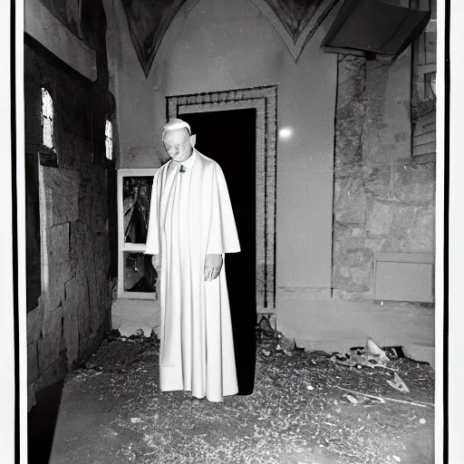 Image similar to award - winning photograph of john paul ii standing in the entrance to a small burning church building, at night, pitch black, christian cross