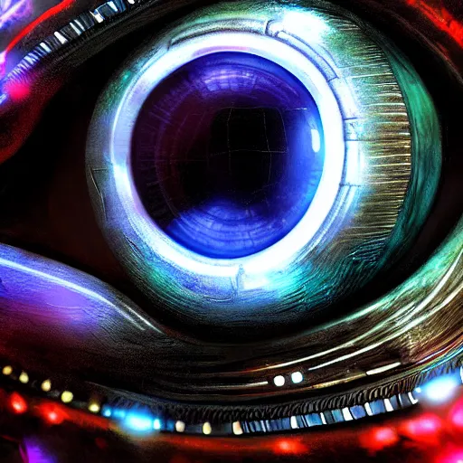 Image similar to Cybernetic Eye, close up, colorful, fantasy, vivid colors, concept art, sharp focus, digital art, Hyper-realistic, 4K, Unreal Engine, Highly Detailed, HD, Dramatic Lighting by Brom, trending on Artstation