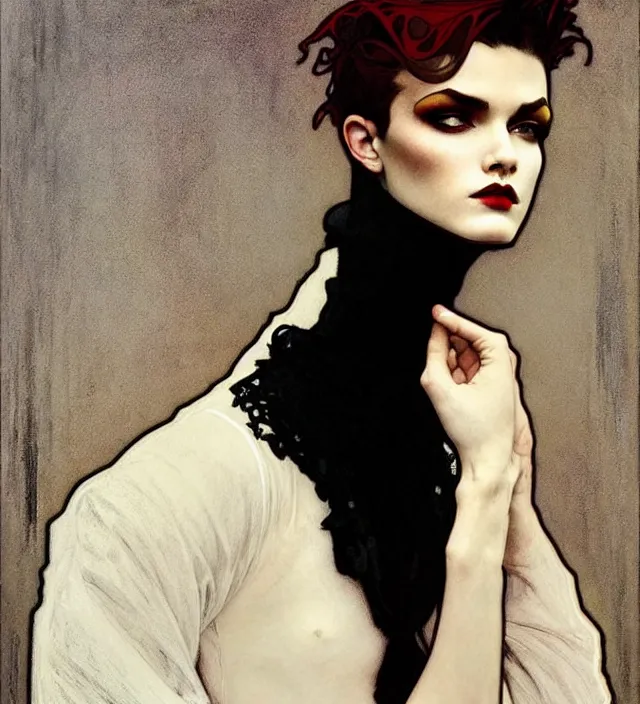 Image similar to stunning portrait of highly details androgynous ruby rose as desire from sandman, rockabilly style,, by alphonse mucha, by jeremy mann, by egon shiele by peter lindbergh, white suit and black tie, soft lightning, high detailed, 8 k