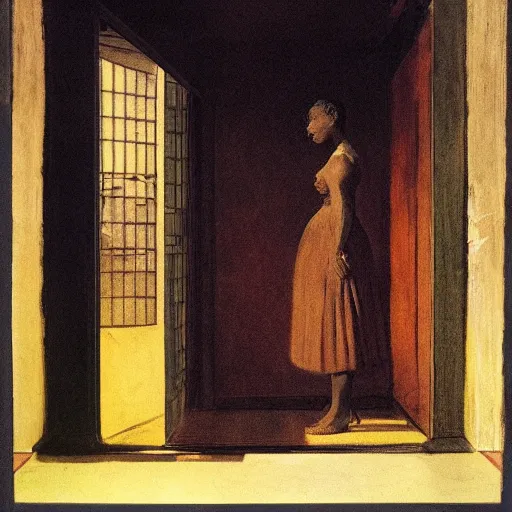 Image similar to a black girl in a gold haunted liminal room, vintage photo by goya, idea by balthus, colors by pontormo, lights by hopper, extreme detail, liminal aesthetic, background art nouveau,