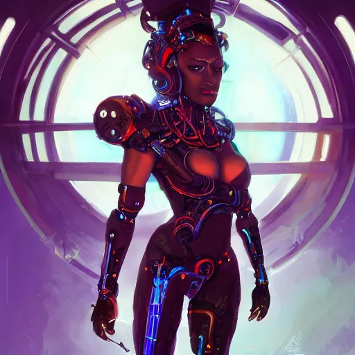 Prompt: a portrait of Adhel Bol as a beautiful cybernetic techno queen, black woman, cyberpunk concept art by pete mohrbacher and wlop and artgerm josan gonzalez and syd mead, digital art, highly detailed, intricate, sci-fi, sharp focus, Trending on Artstation HQ, deviantart, unreal engine 5, 4K UHD image