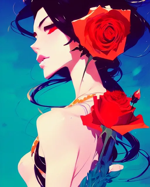 Prompt: a ultradetailed beautiful panting of a stylish woman holding a rose, by conrad roset, greg rutkowski and makoto shinkai, trending on artstation