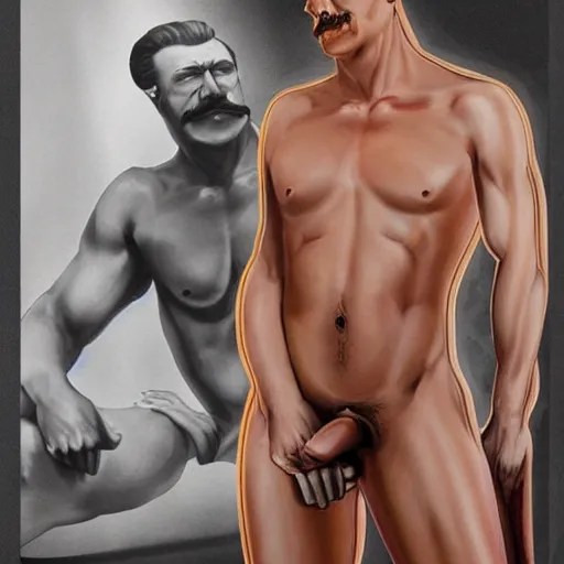 Image similar to lgbt art, tom of finland style, stalin, in ricardo milos body, art in 4 k, high quality