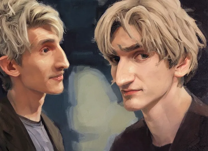 Image similar to a highly detailed beautiful portrait of xqcow xqc felix lengyel, twitch. tv, by gregory manchess, james gurney, james jean