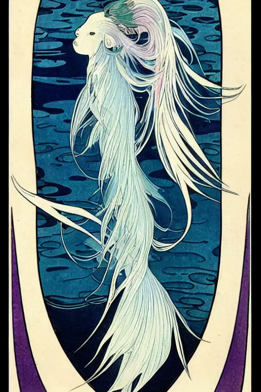 Image similar to a graceful iridescent white betta fish with long swirling fins, black-water-background, traditional Japanese painting, hiroshige, artstation, alphonse-mucha