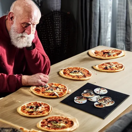 Prompt: a grumpy old danish man with long black hair eating pizza while DMing an AD&D game, D&D, rogue, dark hair, skinny, middle aged, D&D dice on table, papers on table, character sheets on table, natural lighting, black hair