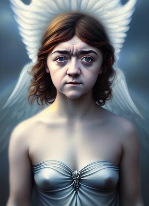 Image similar to maisie williams as an angel, aesthetic, fine art, intricate, elegant, highly detailed, realistic hair, centered, digital painting, art station, conceptual art, soft, sharp focus, illustration, artwork, artgerm, tomasz alen kopera, peter mohrbacher, donato giancola