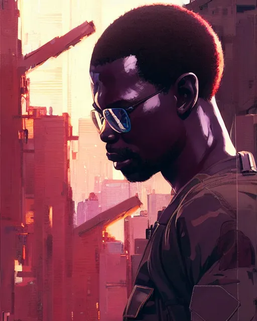 Prompt: african man wearing in tactical gear | | fine detail!! anime!! realistic shaded lighting!! dramatic!! poster by ilya kuvshinov katsuhiro otomo ghost - in - the - shell, magali villeneuve, artgerm, jeremy lipkin and michael garmash and rob rey