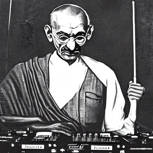 Prompt: Mahatma Gandhi As A DJ in A Party, Colorized, Vibrant Colors