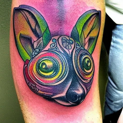 Image similar to shoulder tattoo of a multicolored psychedelic cute galago, eyes are colorful spirals, surrounded with colorful sparkeling flowers and irisdescent marihuana leaves, insanely integrate