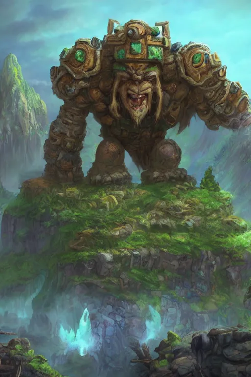 Image similar to zelda fantasy art giant golem troll wood rock greeble gemstone, global illumination ray tracing hdr fanart arstation by sung choi and eric pfeiffer and gabriel garza and casper konefal