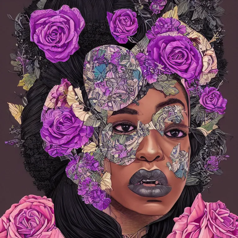 Image similar to gorgeous symmetrical portrait of a crazy black woman with lavender and rose florals growing from her head by tristan eaton and james jean, hyper detailed painting, distance, centered, hd, hq, high resolution, high detail, 4 k, 8 k