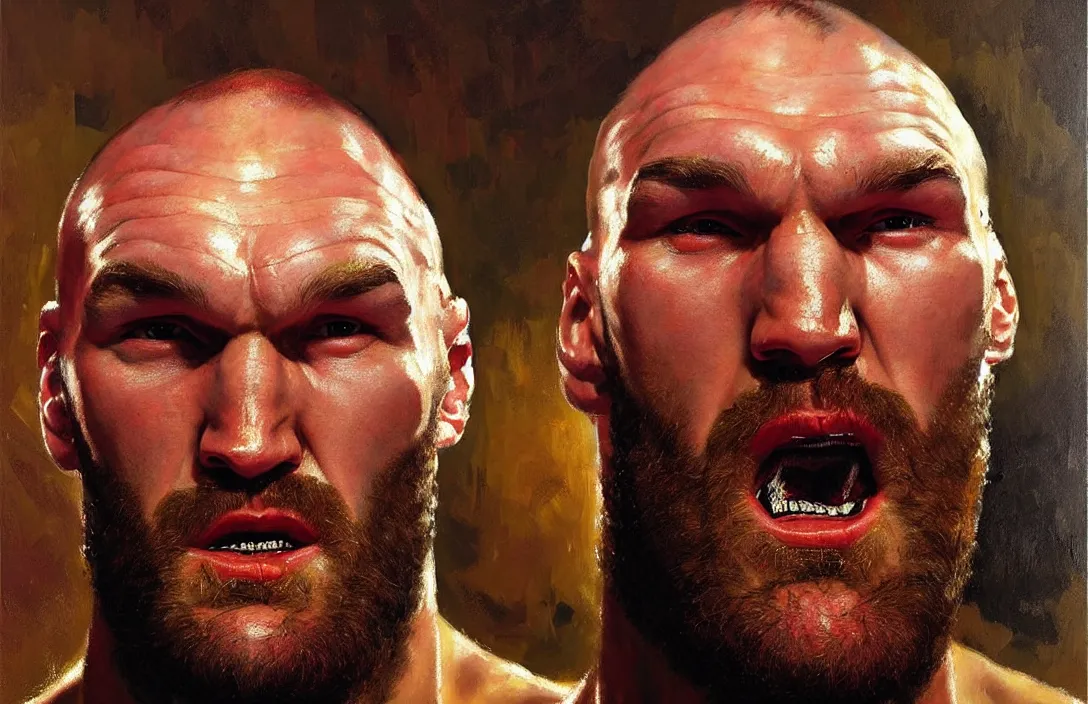 Image similar to portrait of tyson fury!!!!!!!!!!!!!!!!!!!!!!!!!!!, detailed face, detailed painting,, epic lighting, by ilya repin, phil hale and kent williams