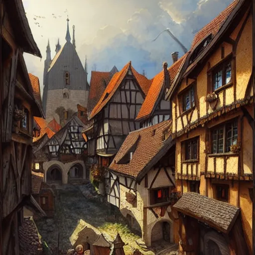 Image similar to Birdview shot. A medieval german town imagined by a fantasy author. friendly and warm mood, welcoming. extremely detailed painting. by Greg Rutkowski and by Henry Justice Ford and by Steve Henderson.