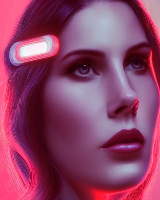 Image similar to portrait of lana del rey as a cyborg. intricate abstract. intricate artwork. by tooth wu, wlop, beeple, dan mumford. octane render, trending on artstation, greg rutkowski very coherent symmetrical artwork. cinematic, hyper realism, high detail, octane render, 8 k, iridescent accents